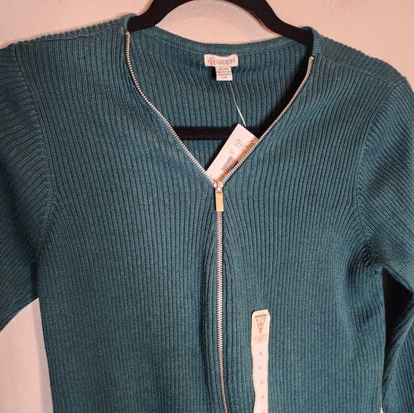 NWT GUESS Malina Green Ribbed Zip Front Long Sleeve Sweater Size XL - Picture 14 of 16